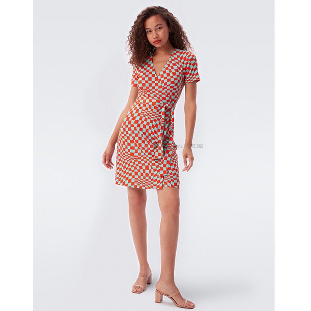 Orange print wrap dress women waist slit beach holiday beach dress